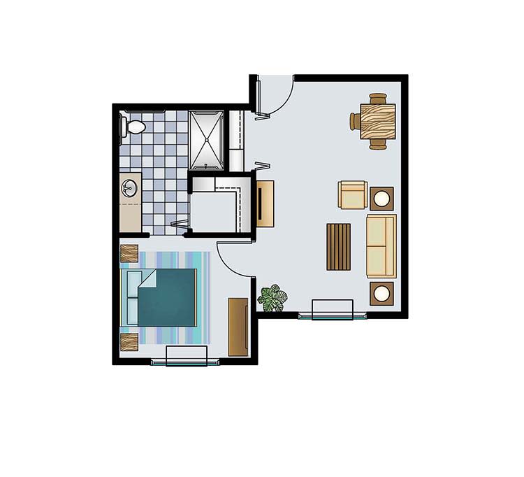 A floor plan of a one-bedroom apartment including a living room, kitchen, bedroom, and bathroom.