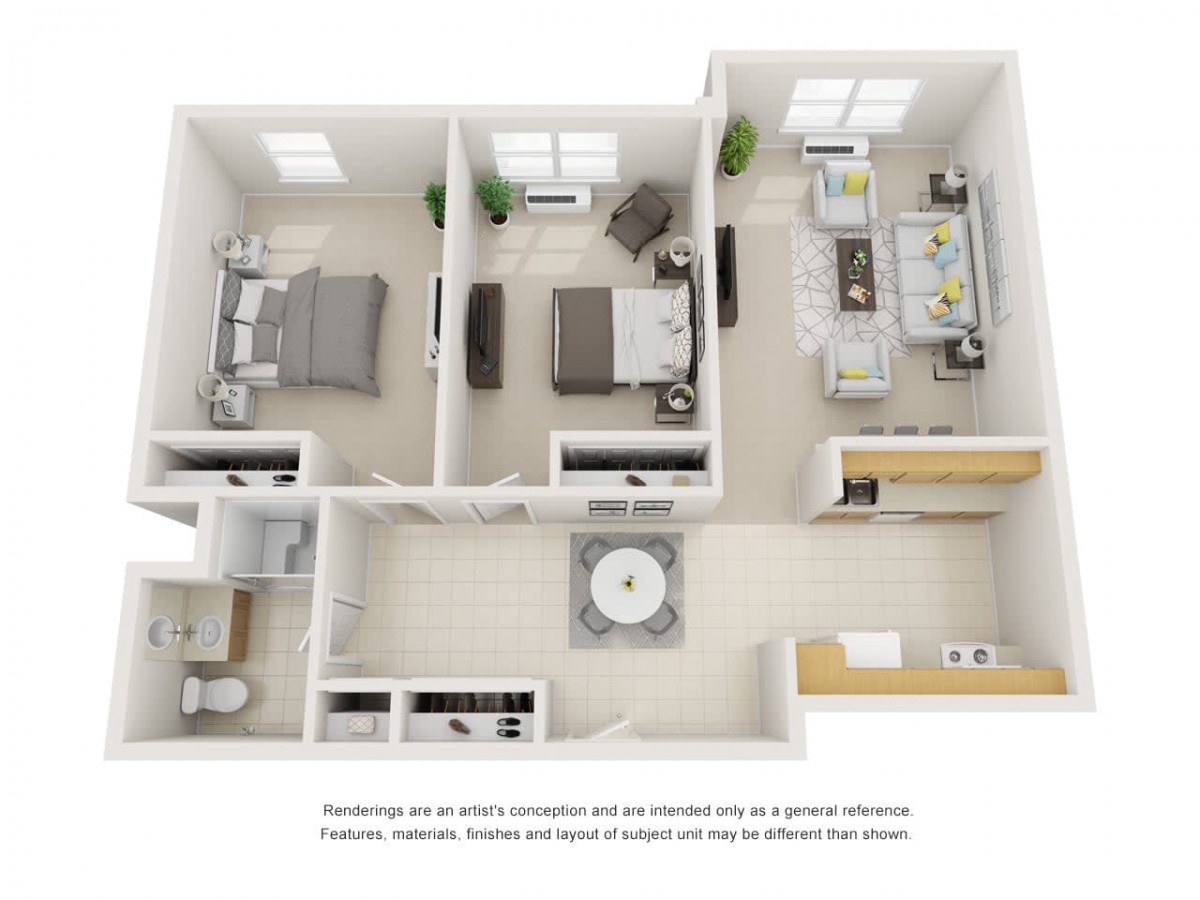 A 3D floor plan of a modern two-bedroom apartment, featuring a kitchen, bathroom, and living area.