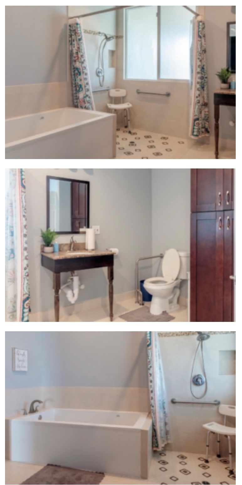 A modern, accessible bathroom featuring a walk-in shower with grab bars, a toilet with handrails, and a stylish sink.