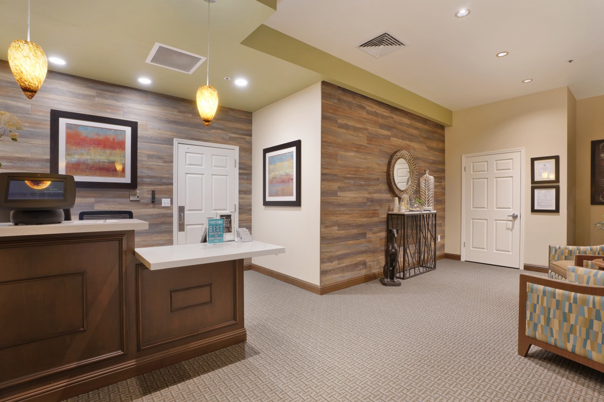 A modern reception area with a sleek design and stylish decor.