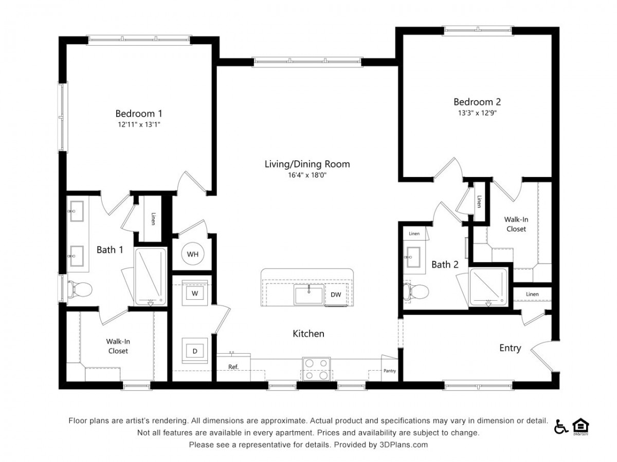 A detailed floor plan showing the layout of a two-bedroom, two-bathroom home with a kitchen and living/dining area.