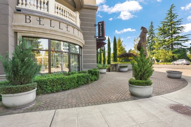 A modern building with landscaping and pavement outside on a sunny day.