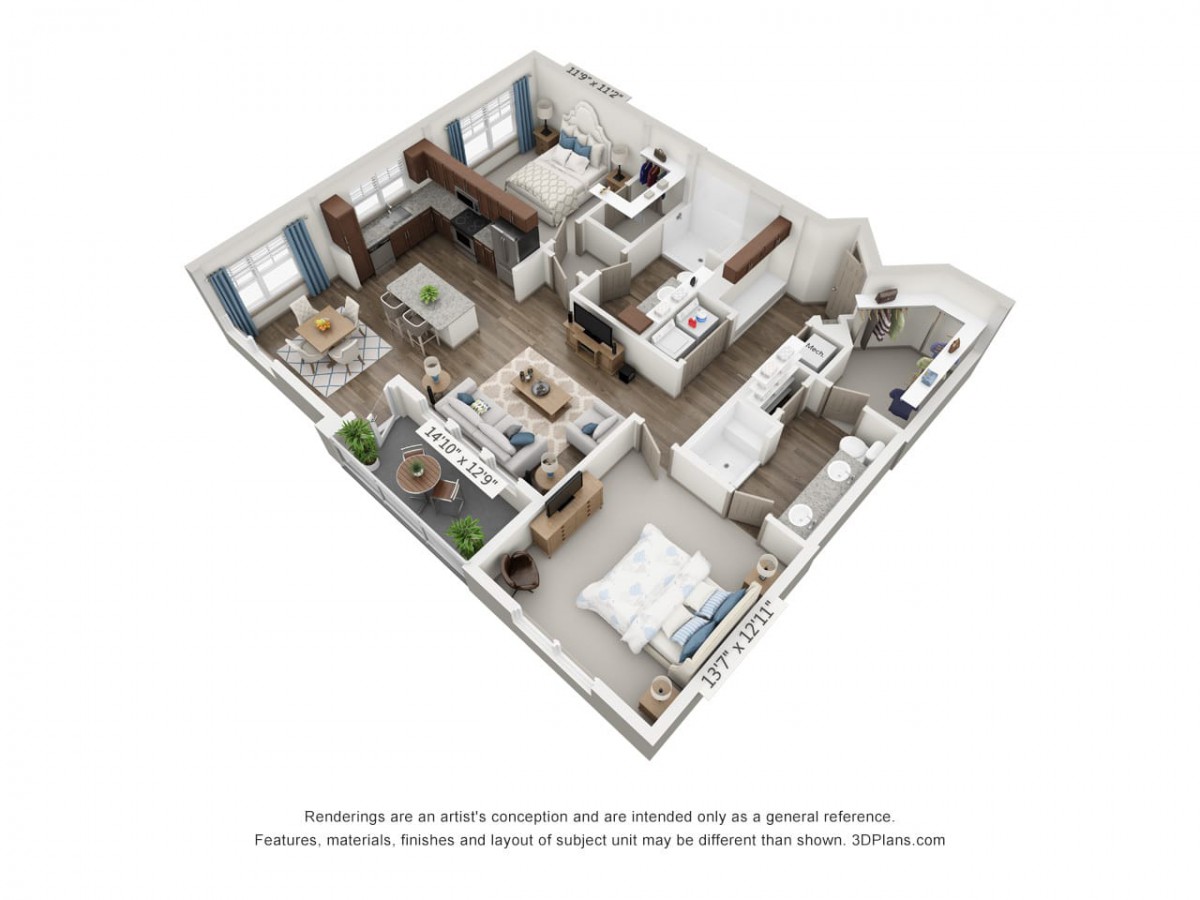A 3D rendering of a modern apartment floor plan featuring a living room, kitchen, two bedrooms, and bathrooms.