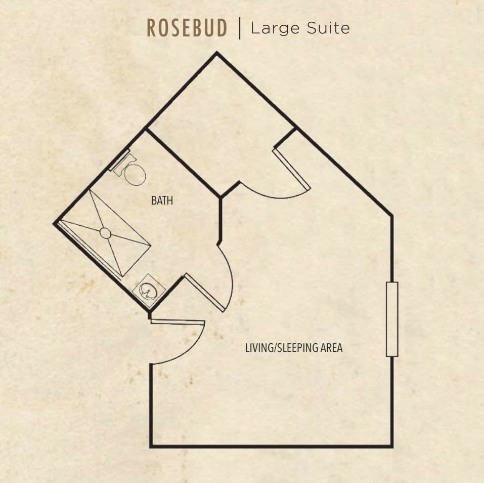 Rosebud Large Suite floor plan with designated bathroom and living area.