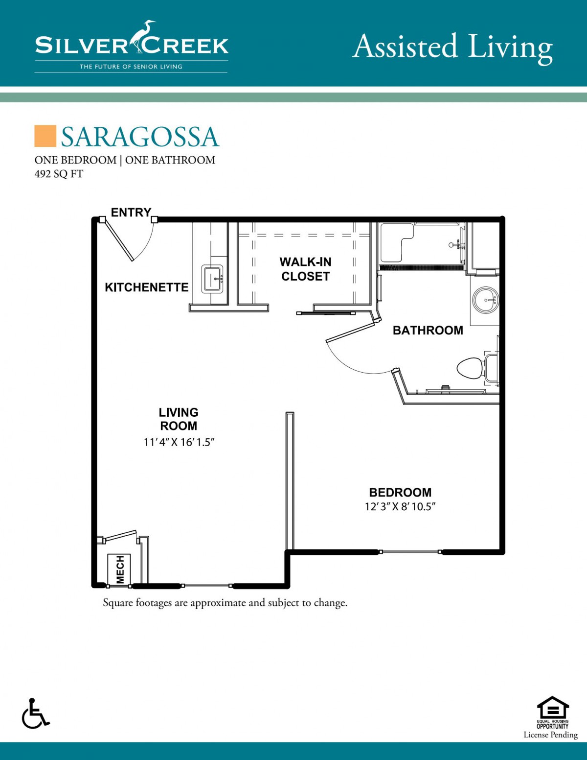 Saragossa apartment floor plan featuring one bedroom, a living area with kitchenette, bathroom, and closet.