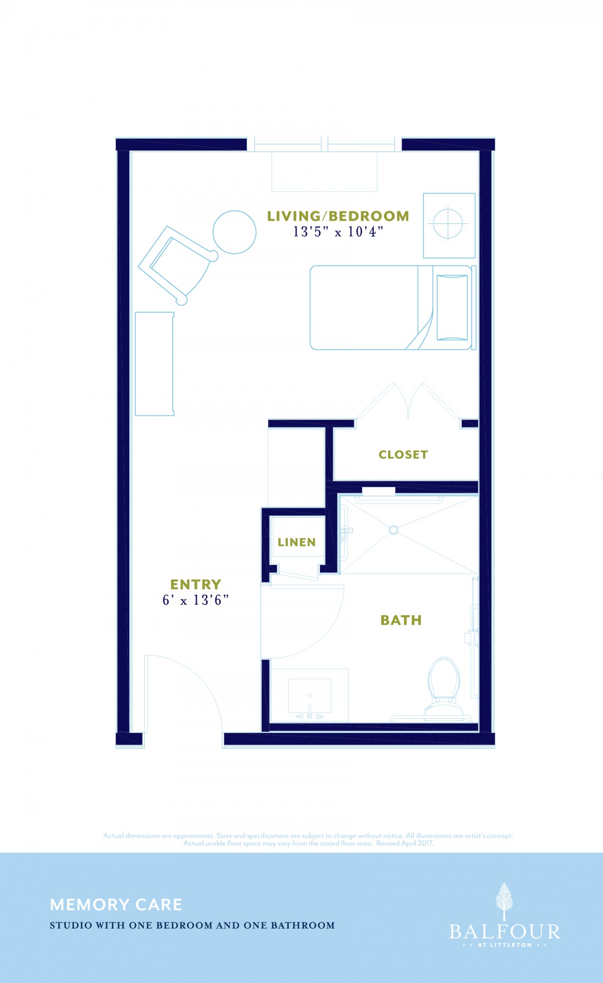 A compact studio apartment floor plan featuring a living/sleeping area, kitchen, bathroom, and closet.