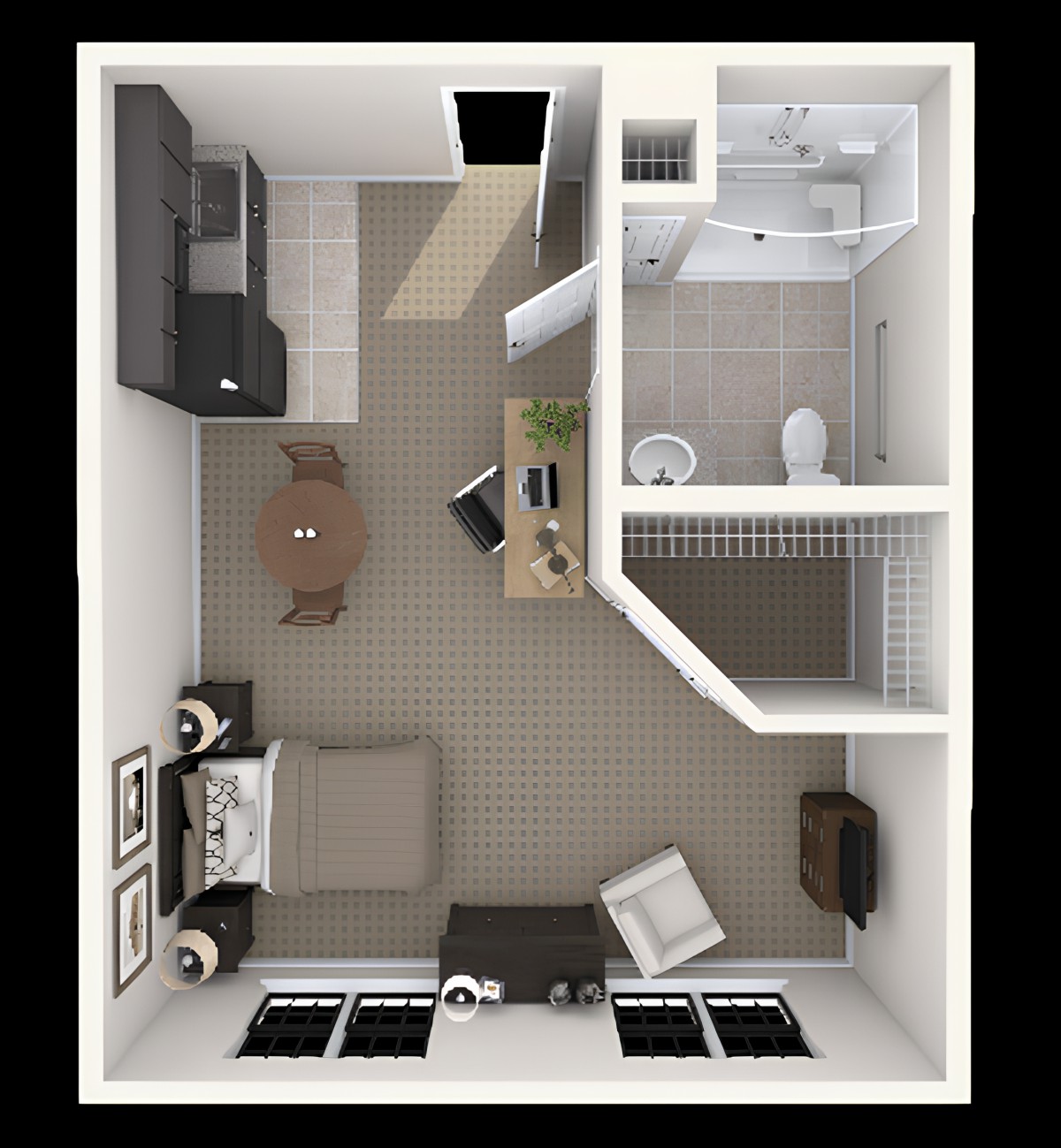A top-down view of a compact one-bedroom apartment floor plan featuring distinct living, sleeping, and kitchen areas along with a bathroom.