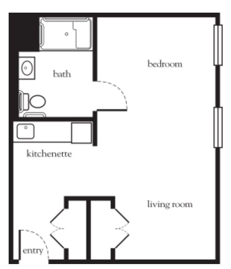 A simple apartment floor plan featuring a bedroom, bath, kitchenette, and living room.