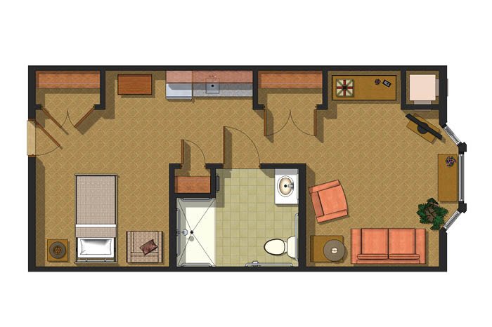 A floor plan of a one-bedroom apartment with an open kitchen and living area.