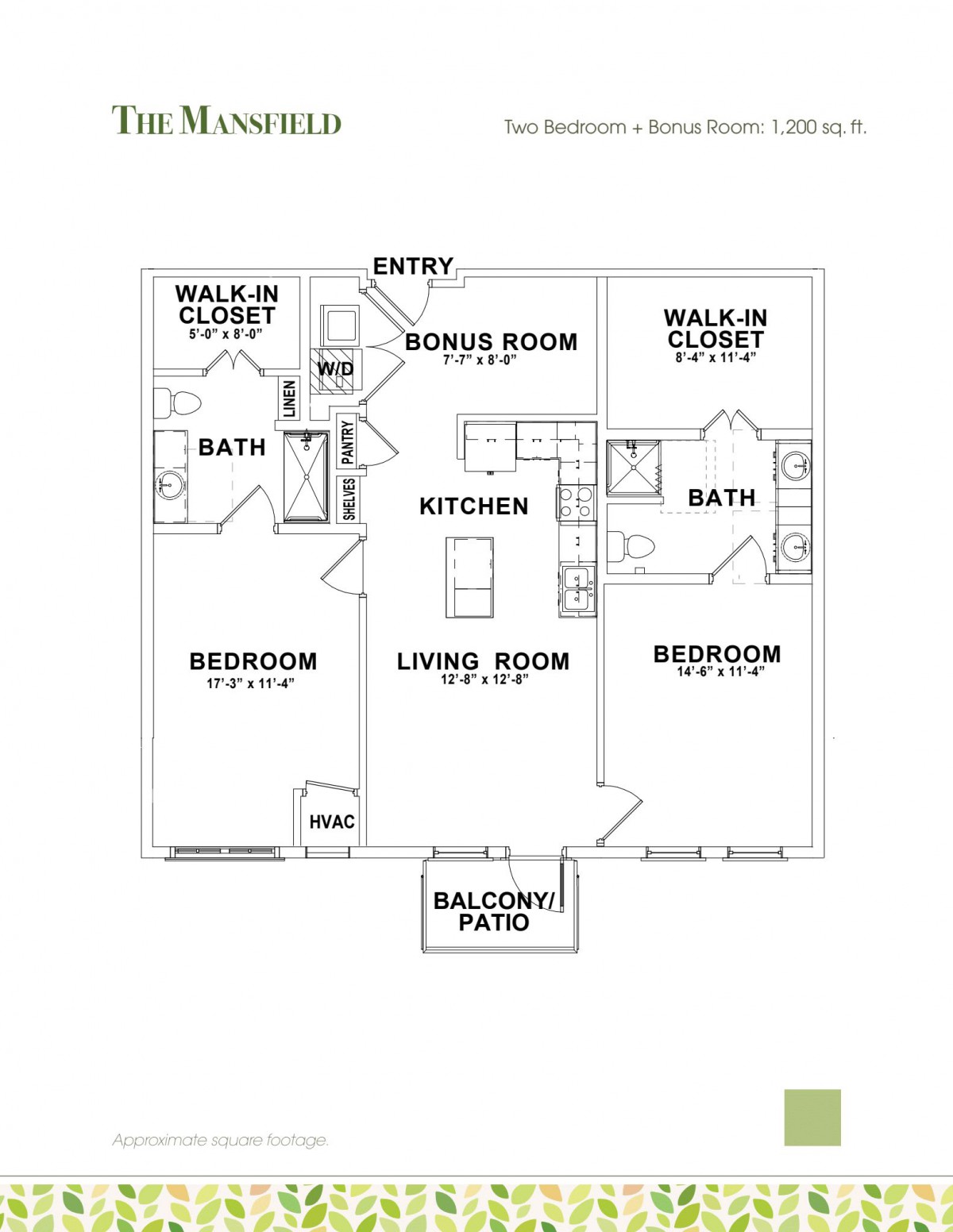 A floor plan showing a two-bedroom apartment with two bathrooms, a kitchen, living room, bonus room, and balcony/patio.