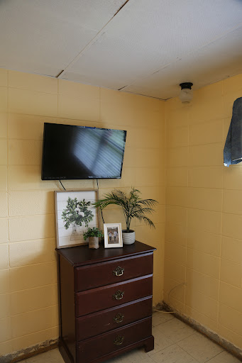 A cozy living space featuring a television mounted on a yellow wall, complemented by decorative elements including a plant and framed pictures.