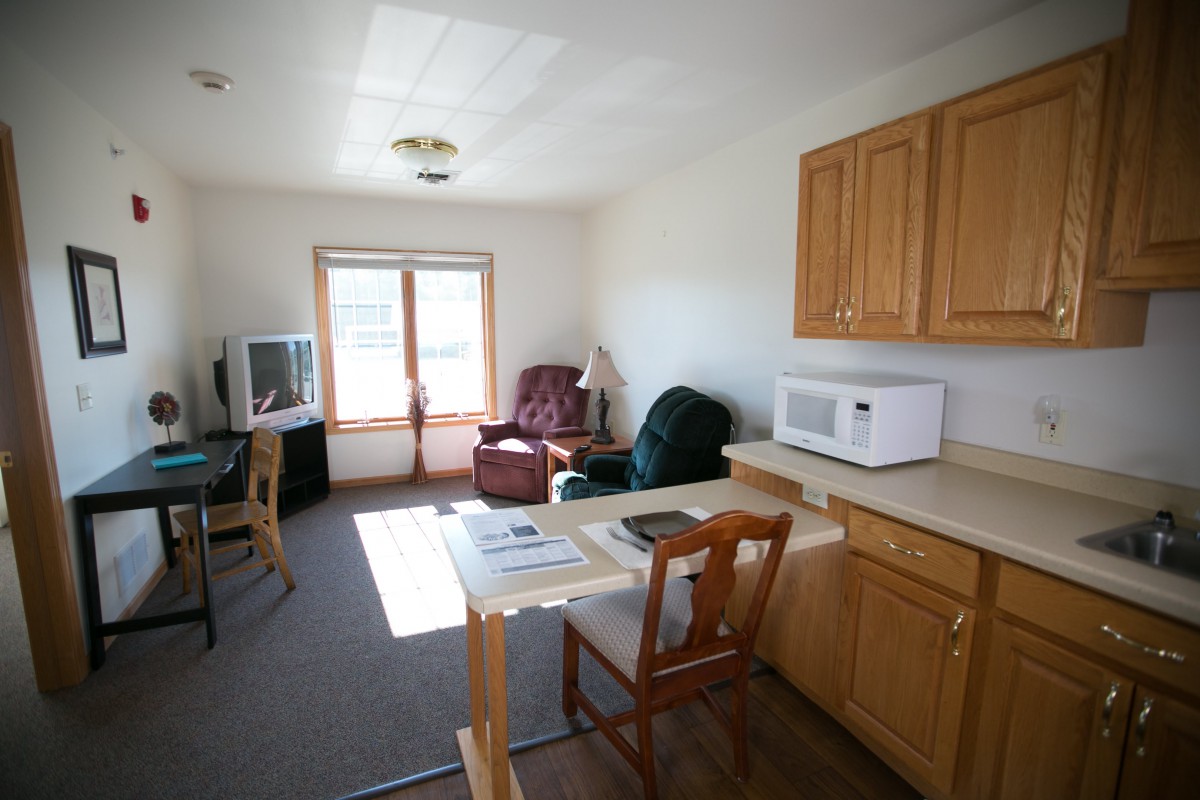A cozy living room with chairs, a TV, and a small kitchen area.