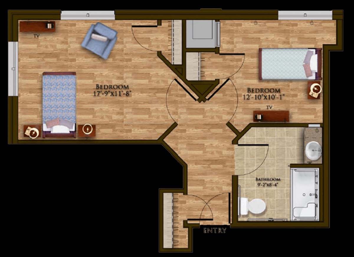 A floor plan of an apartment featuring two bedrooms, a bathroom, and a living room.