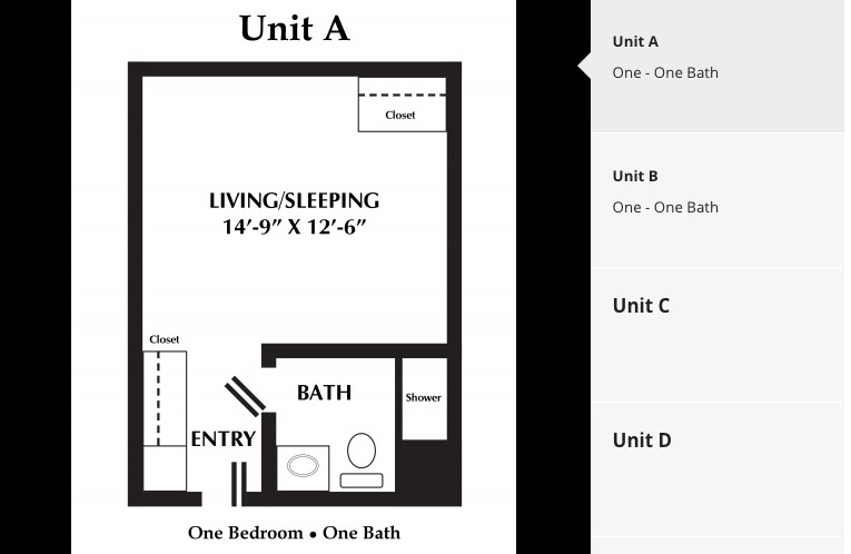 Floor plan for a one-bedroom apartment, labeled Unit A, showing the layout of living/sleeping area, bathroom, and entry.