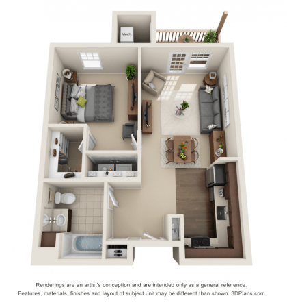 A 3D floor plan of a one-bedroom apartment showing the layout of the kitchen, living room, bedroom, and bathroom.