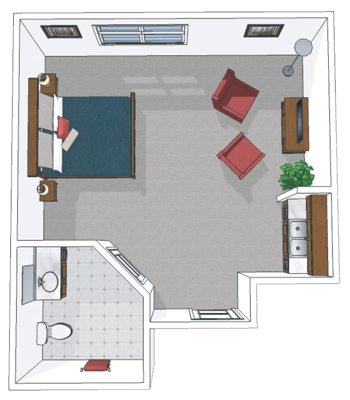 A top-down view of a cozy bedroom apartment layout featuring a bed, seating area, and a small bathroom.