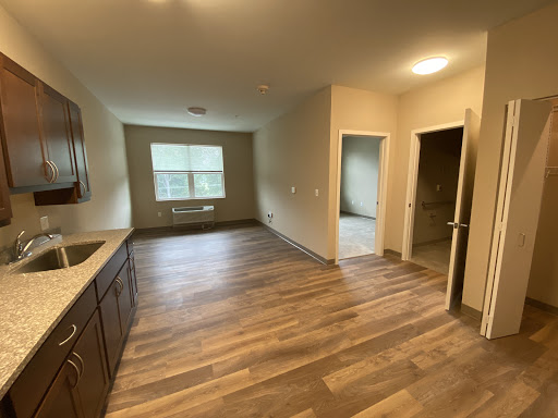 A spacious, well-lit living area featuring modern cabinetry and wooden flooring.