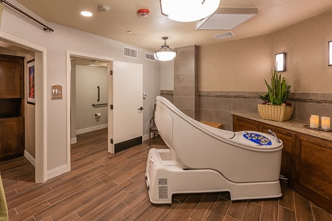 A luxurious spa room featuring a modern bathtub and elegant decor.