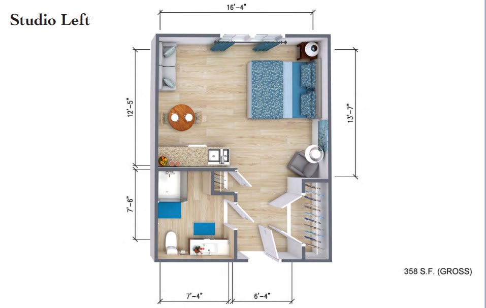 A compact floor plan featuring a bedroom, living area with a kitchenette, and a bathroom.