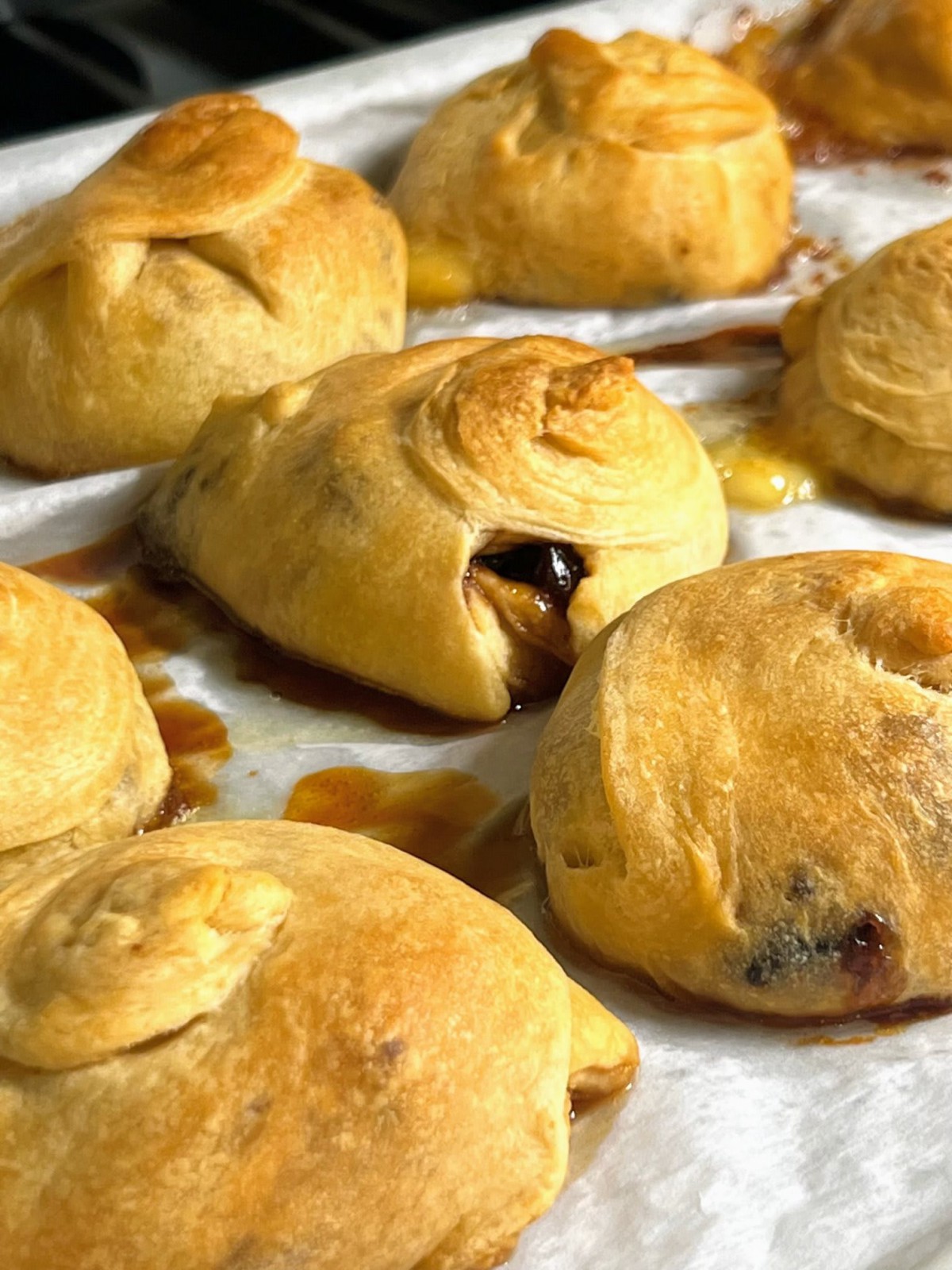 Freshly baked crescent rolls filled with a sweet filling.