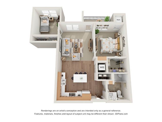 A 3D floor plan of an apartment featuring two bedrooms, a living area, and a kitchen.