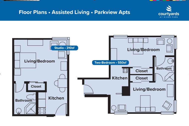Floor plans for assisted living apartments, featuring a studio and a two-bedroom option.