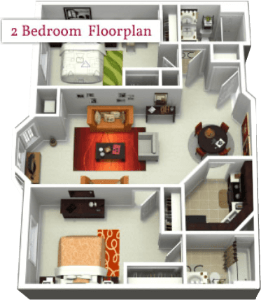 A 3D floor plan of a two-bedroom apartment showcasing the interior layout.