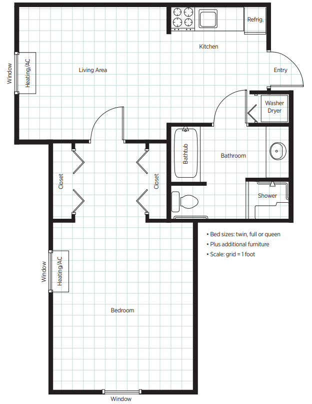A floor plan of a one-bedroom apartment featuring a living room, kitchen, bathroom, and closet space.