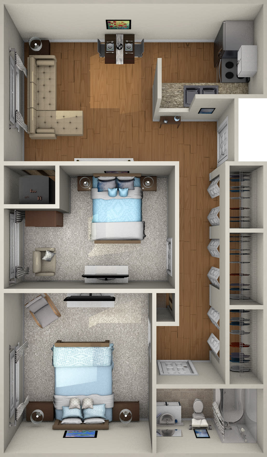 A detailed floor plan of a modern apartment with two bedrooms, a kitchen, and a living area.