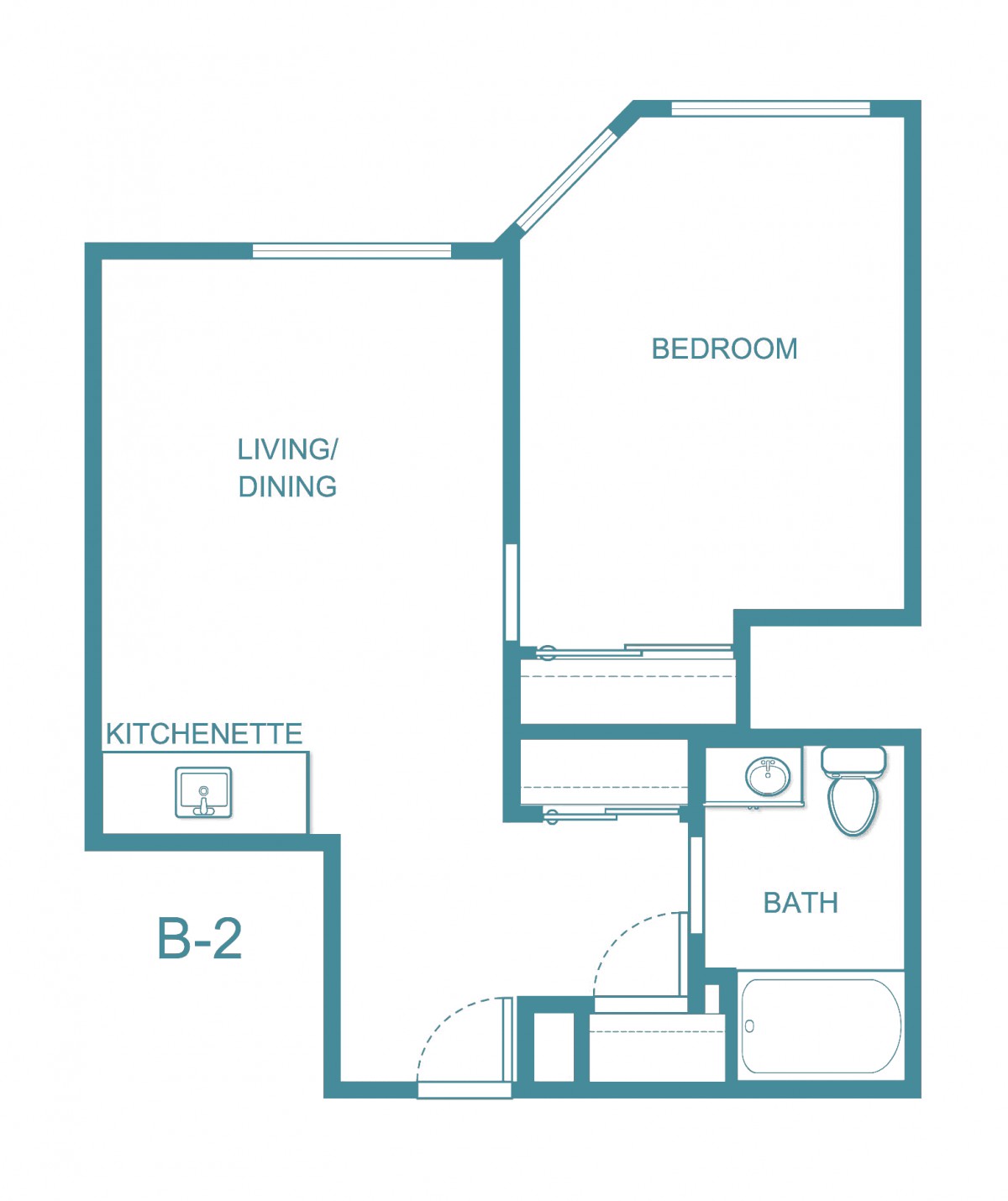 A floor plan of a one-bedroom apartment layout featuring a living/dining area, kitchen, and bathroom.