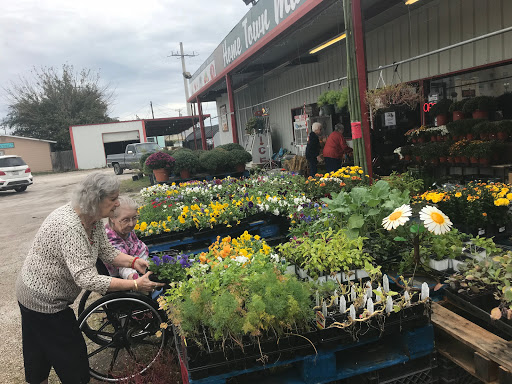 An inviting garden center filled with vibrant flowers and plants, where a person in a wheelchair is exploring the selection.