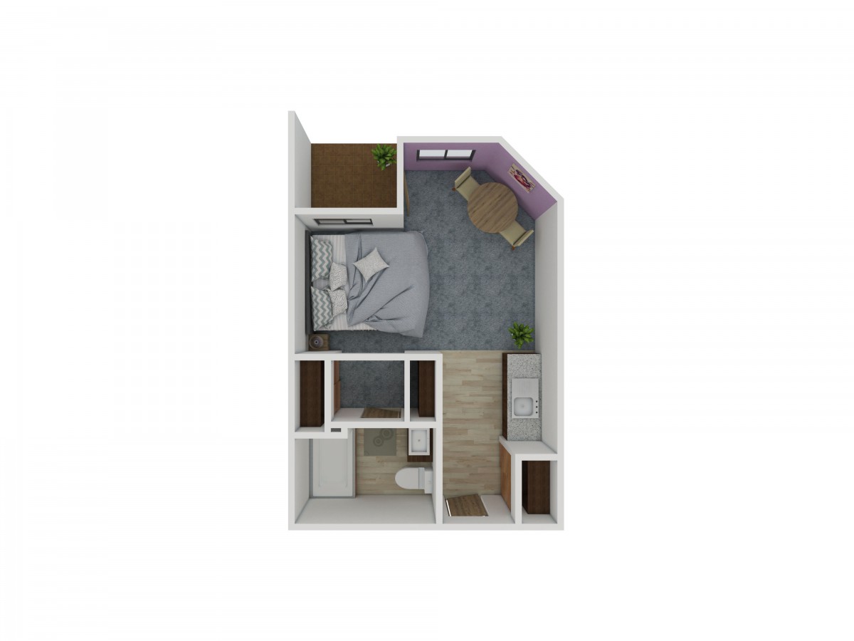 A compact apartment floor plan showing a bedroom, bathroom, and living area with furniture.