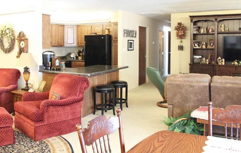 Open concept living room and kitchen with cozy furnishings and home decor.