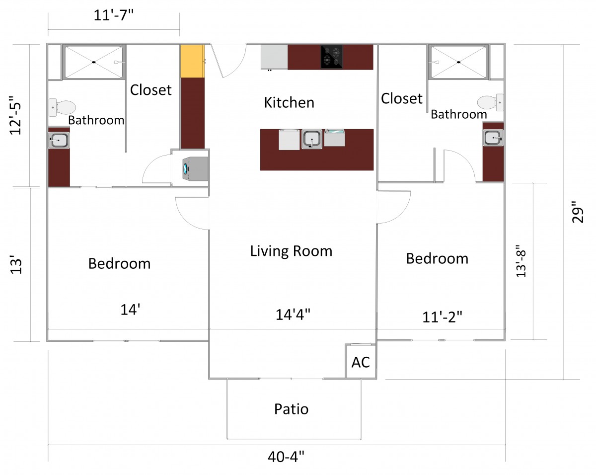 Two-bedroom apartment floor plan with living room, kitchen, bathrooms, closets, and patio.