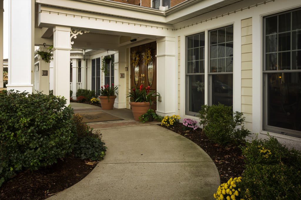 A welcoming entrance with a curved pathway lined by plants and shrubs.