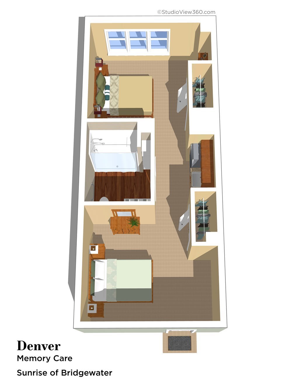 A 3D floor plan of an apartment featuring two bedrooms, a bathroom, and a kitchen.