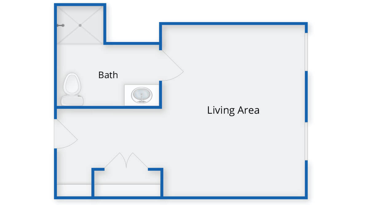 A basic floor plan showing a living area and a bathroom.