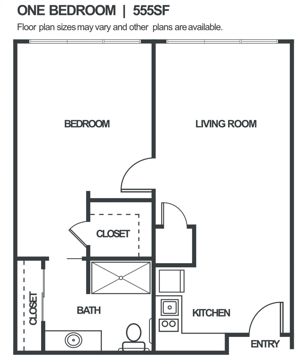 A simple one-bedroom apartment floor plan with designated areas for the living room, kitchen, bathroom, and closet.