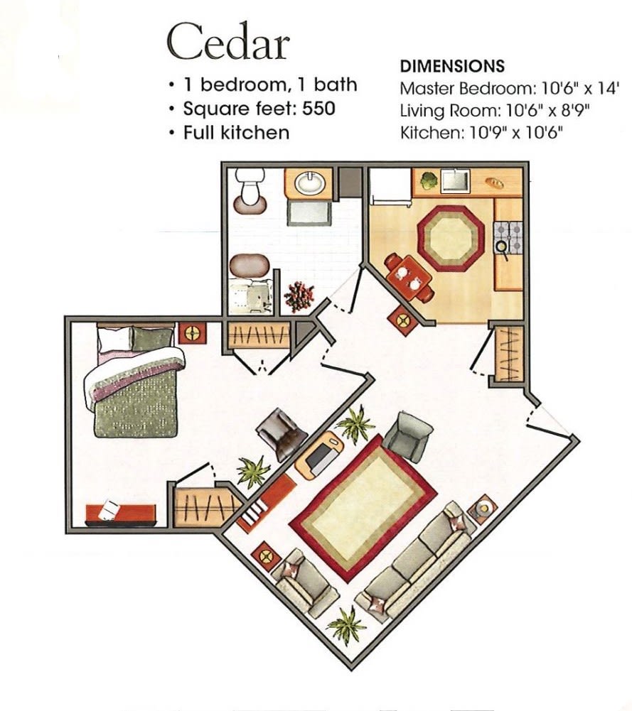 A floor plan for a Cedar apartment featuring 1 bedroom, 1 bath, and a full kitchen.