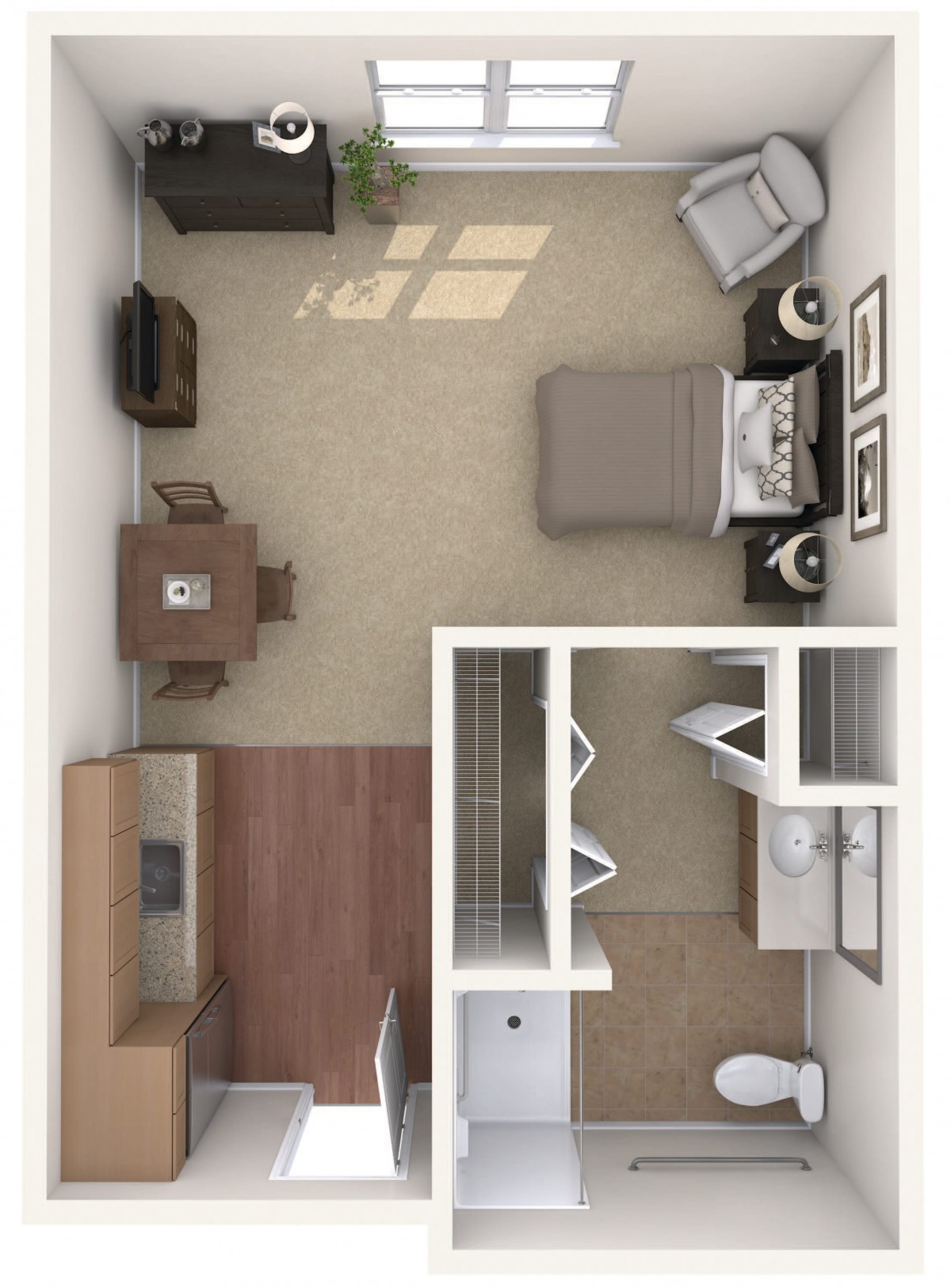 A 3D floor plan of a compact apartment featuring a bedroom, bathroom, and living area.