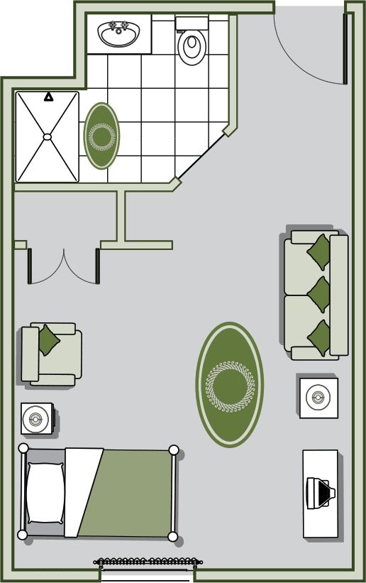 A floor plan depicting a living room with furniture and layout.