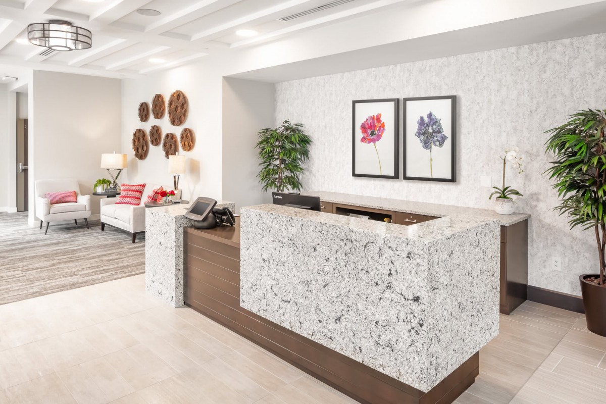 A modern reception area with a stylish desk and decorative artwork.