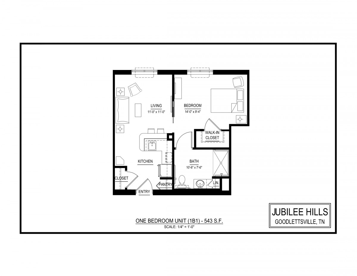 A detailed floor plan of a one-bedroom apartment featuring a living room, kitchen, and bathroom.