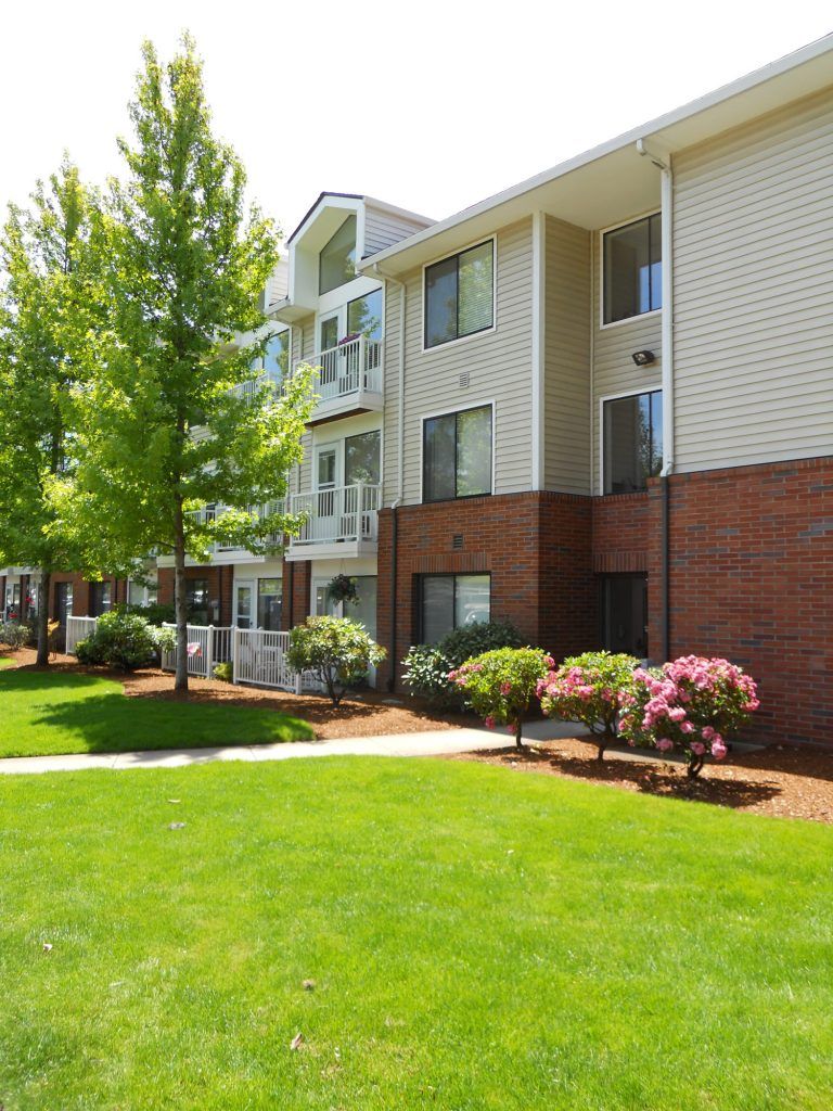 A modern apartment building with well-maintained landscaping and a sunny outdoor area.