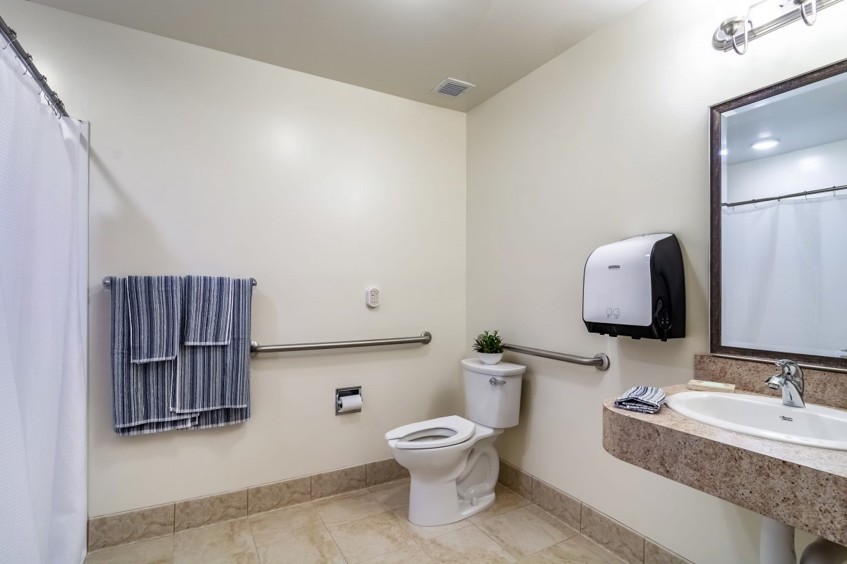 An accessible bathroom with handrails, a toilet, sink, and paper towel dispenser.