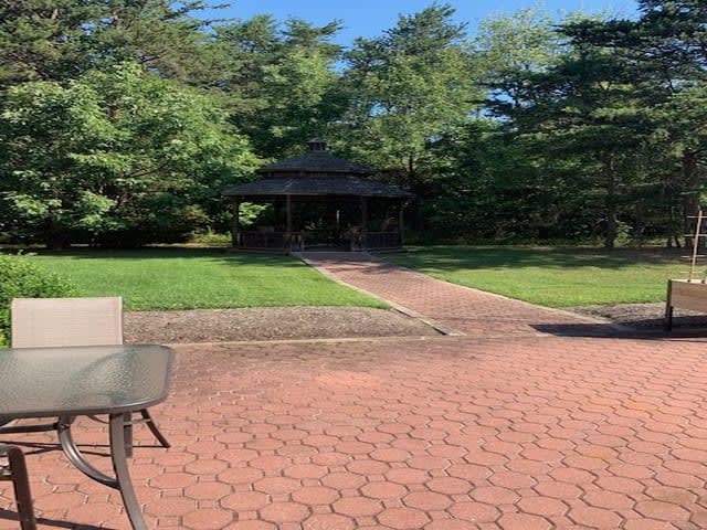 A peaceful garden setting with a gazebo and a paved pathway.