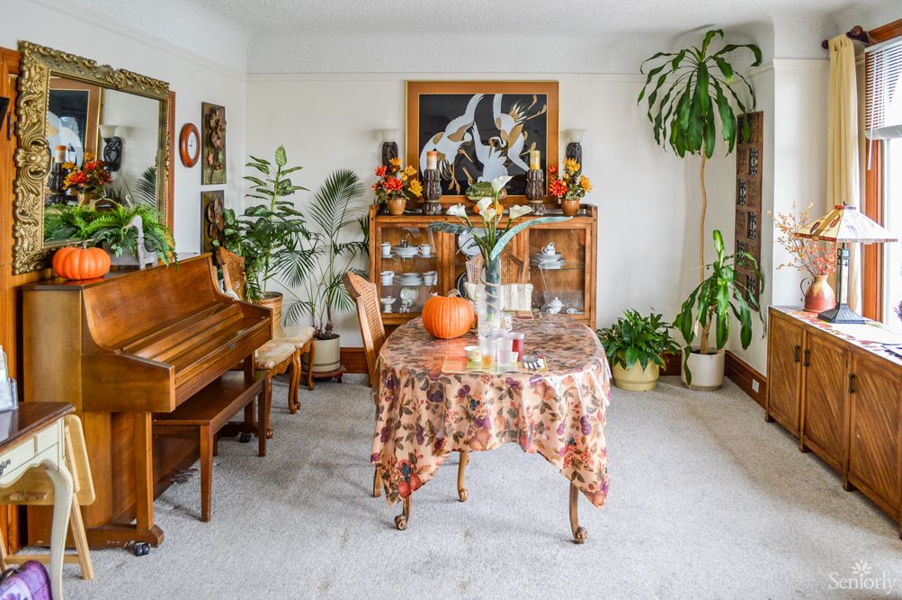 A cozy living room with a piano, house plants, and a table decorated with a pumpkin.