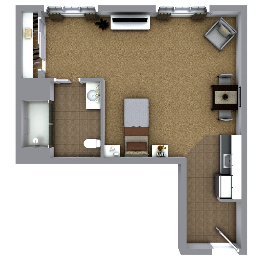 A top-down view of a one-bedroom apartment floor plan, showcasing the layout of living areas, kitchen, bedroom, and bathroom.