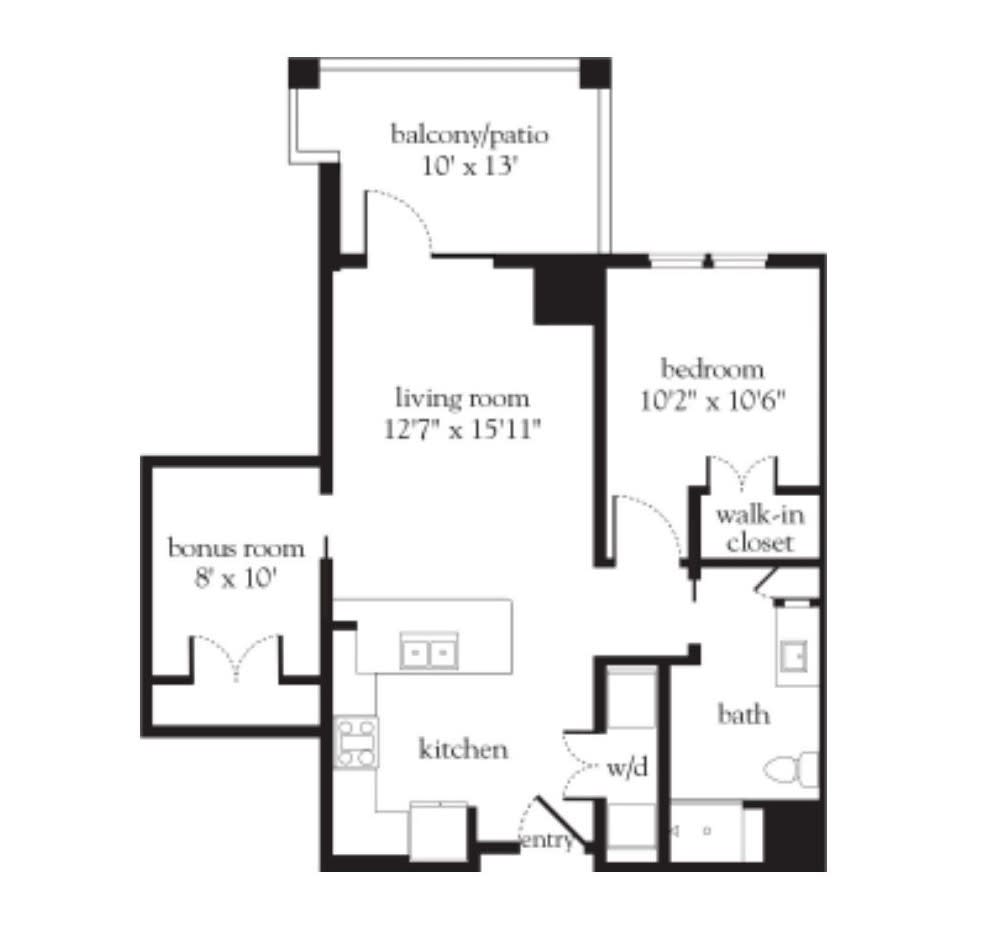 Floor plan showing a one-bedroom apartment layout with detailed room dimensions.