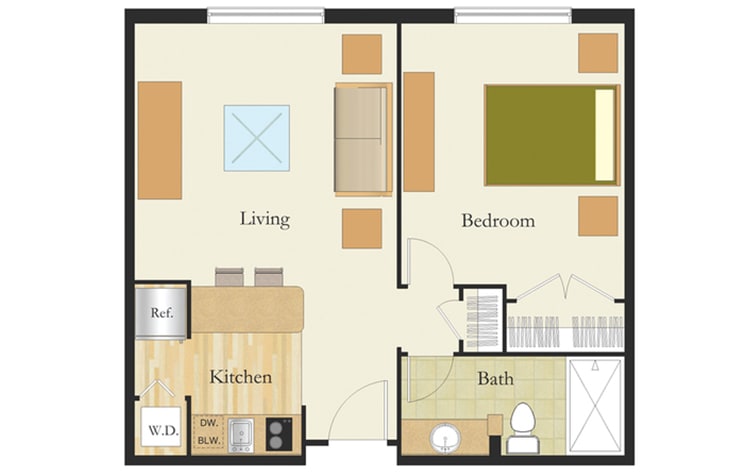 A simple one-bedroom apartment floor plan featuring a living room, kitchen, and bathroom.